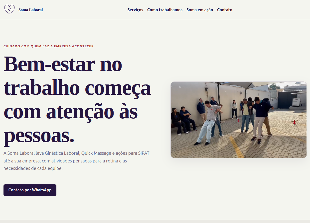 Página inicial do site Soma Laboral, com apresentação de serviços de bem-estar no trabalho.